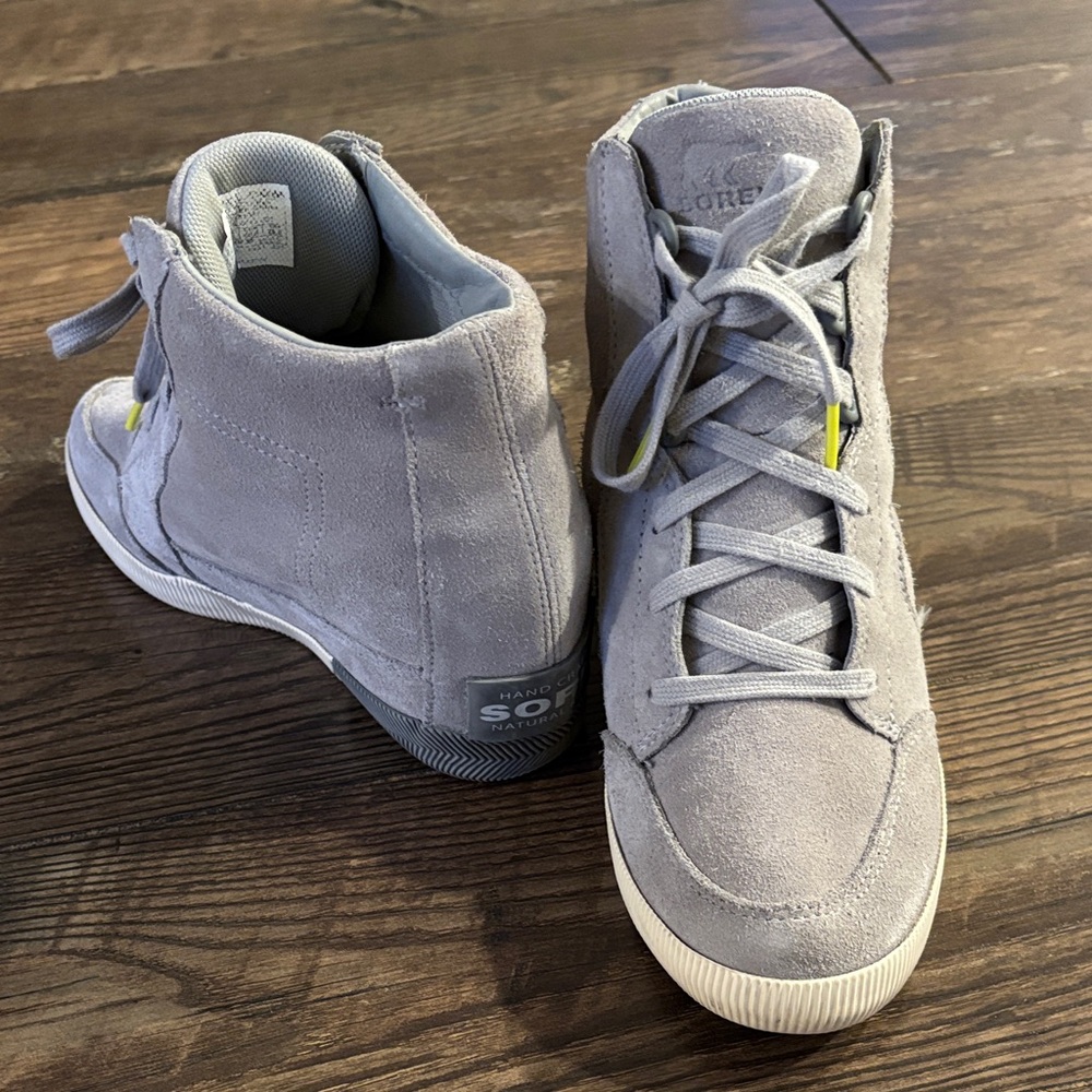 Sorel Light Gray Out and About Suede Wedge Sneakers